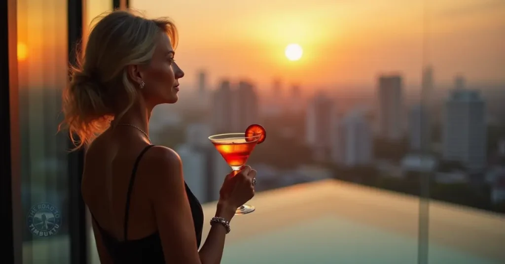 Stylish mature woman in a black dress enjoying a martini at a rooftop bar in Singapore during sunset, with skyscrapers in the background — ideal for solo travel over 50 content with a luxurious twist.

