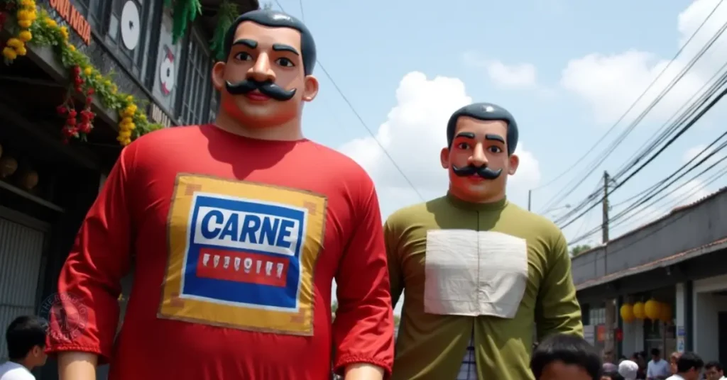 Two towering papier-mâché giants parade through the streets during the Gigantes Festival in Lucban, Quezon – a vibrant tradition celebrating Filipino folklore and creativity in August.
