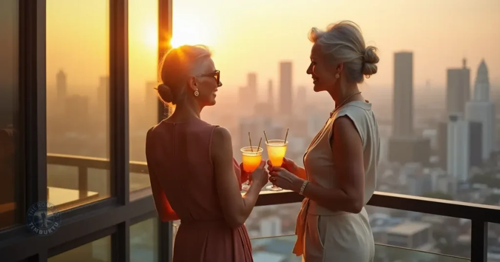 Two elegant mature women enjoying sunset cocktails at a rooftop bar in Singapore, overlooking the city skyline — a perfect example of solo and social travel over 50 at Singapore’s best rooftop bars.

