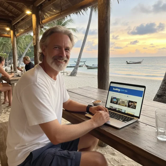 A mature solo traveller enjoying sunset views from a beachside café in Thailand while browsing Booking.com on his laptop — showcasing the handy travel tools featured on The Road to Timbuktu