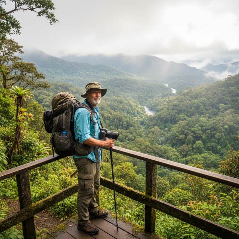 Mature solo traveller with backpack and camera overlooking the rainforest in Costa Rica, a dream destination for single guys over 50 who love adventure. Featured in Best Vacations for Single Guys Over 50 on The Road to Timbuktu travel blog.