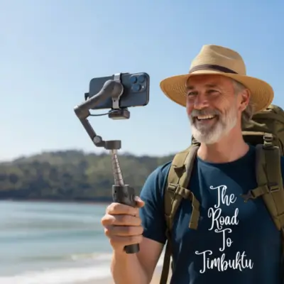 Peter Kane from The Road to Timbuktu using a DJI gimbal on the beach. Perfect for solo travellers over 50 who want stable, cinematic footage without shaky hands ruining the moment.