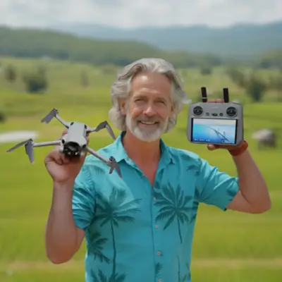 Traveller smiling in a tropical rice field, holding a DJI Mini Pro 4 drone and its controller. Lightweight, portable, and ideal for capturing cinematic travel footage on the go. Featured in The Road to Timbuktu shop.