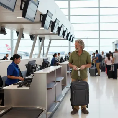 Traveller checking in at the airport with a suitcase. Portable luggage scales help avoid overweight baggage fees and keep packing stress-free. Essential for globetrotters, recommended by The Road to Timbuktu.