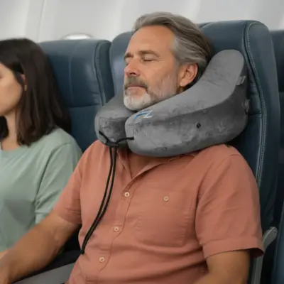 Mature solo traveller over 50 sleeping on a plane with a Flowzoom travel pillow, showing how to stay comfortable on long-haul flights. Featured in Best Vacations for Single Guys Over 50 on The Road to Timbuktu.