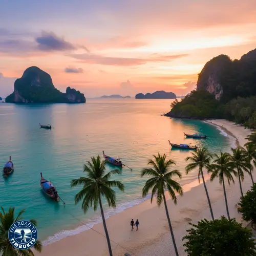 Things to do in Phuket — palm-fringed beach at sunset with longtail boats floating in turquoise water and limestone cliffs in the distance. Featured by The Road to Timbuktu for travellers exploring Phuket’s beaches, islands, and unforgettable coastal adventures