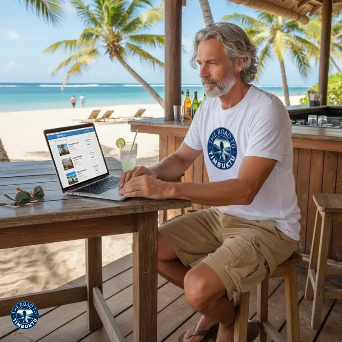  Peter Kane from The Road to Timbuktu working on his travel blog at a tropical beach bar, researching destinations and travel tools for solo travellers over 50