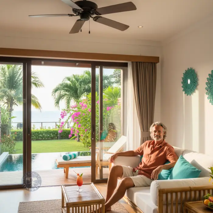 Mature solo traveller relaxing inside a one-bedroom pool villa in Phuket with sea views, part of The Road to Timbuktu’s guide to the best resorts in Phuket with private pools.
