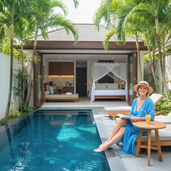 Mature solo traveller over 50 relaxing beside a private pool villa in Phuket, featured in The Road to Timbuktu’s guide to the best resorts in Phuket with private pools