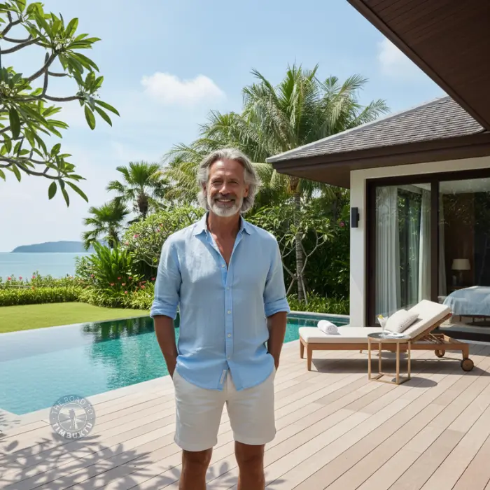 Mature solo traveller over 50 standing beside a private pool villa in Phuket, part of The Road to Timbuktu’s guide to the best resorts in Phuket with private pool