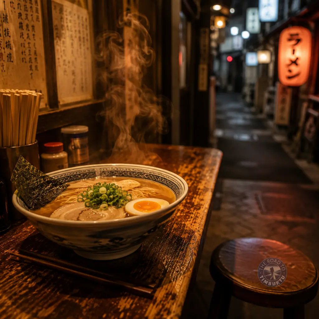 Bowl of steaming ramen in a traditional Japanese alleyway restaurant, representing one of the easiest and most solo-friendly dining experiences for mature travellers visiting Japan independently.
