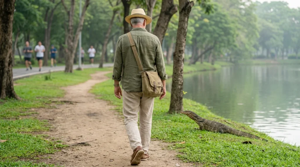Solo traveller walking through Lumphini Park in Bangkok early in the morning with a monitor lizard near the lake